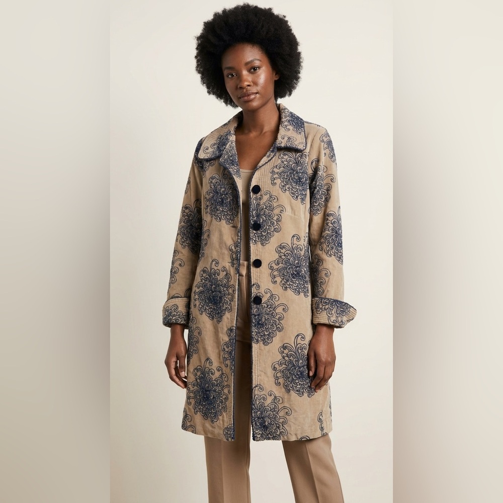 Pura Vida Tan and Blue Patterned Velvet Like Trench Coat